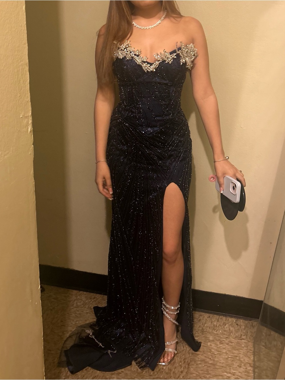 Navy Beaded Strapless Formal Gown with Side Slit